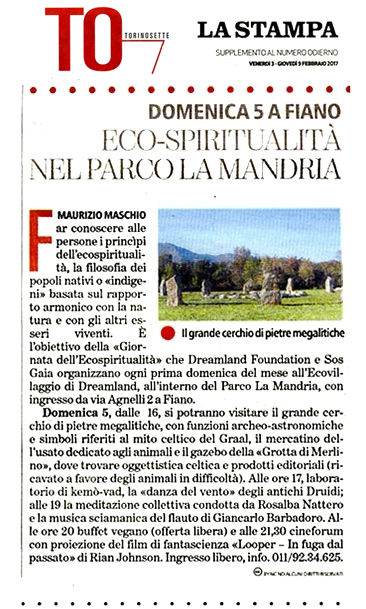 La Stampa Torino7 03-02-17 Ecospiritualità nel Parco La Mandria - Ecovillaggio di Dreamland 05/02/2017 